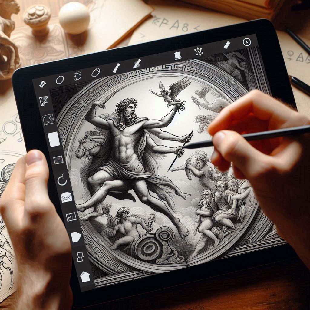 Someone creating a greek mythology cover on a tablet