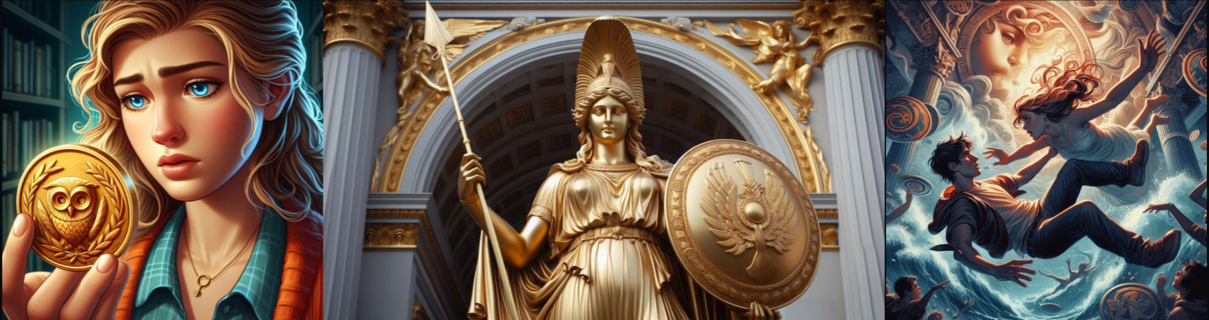 AI Covers of Annabeth holding a Coin portraiing the Mark of Athena