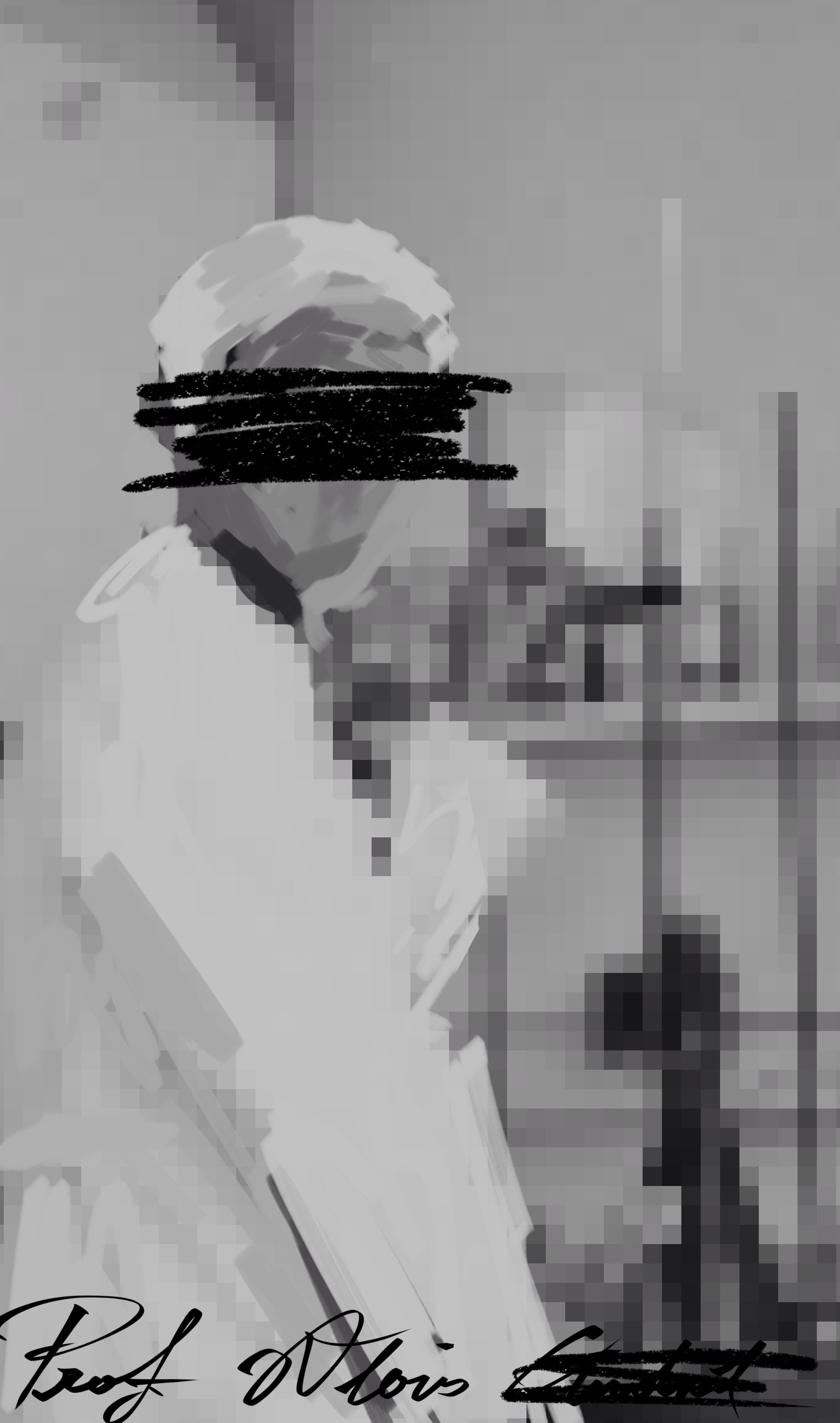 Blurry picture of a white male haired resarcher, signed "Prof. Alois" on the bottom left. The surname and face
                        are drawn over by a black pen. Only the initial "C" is readable