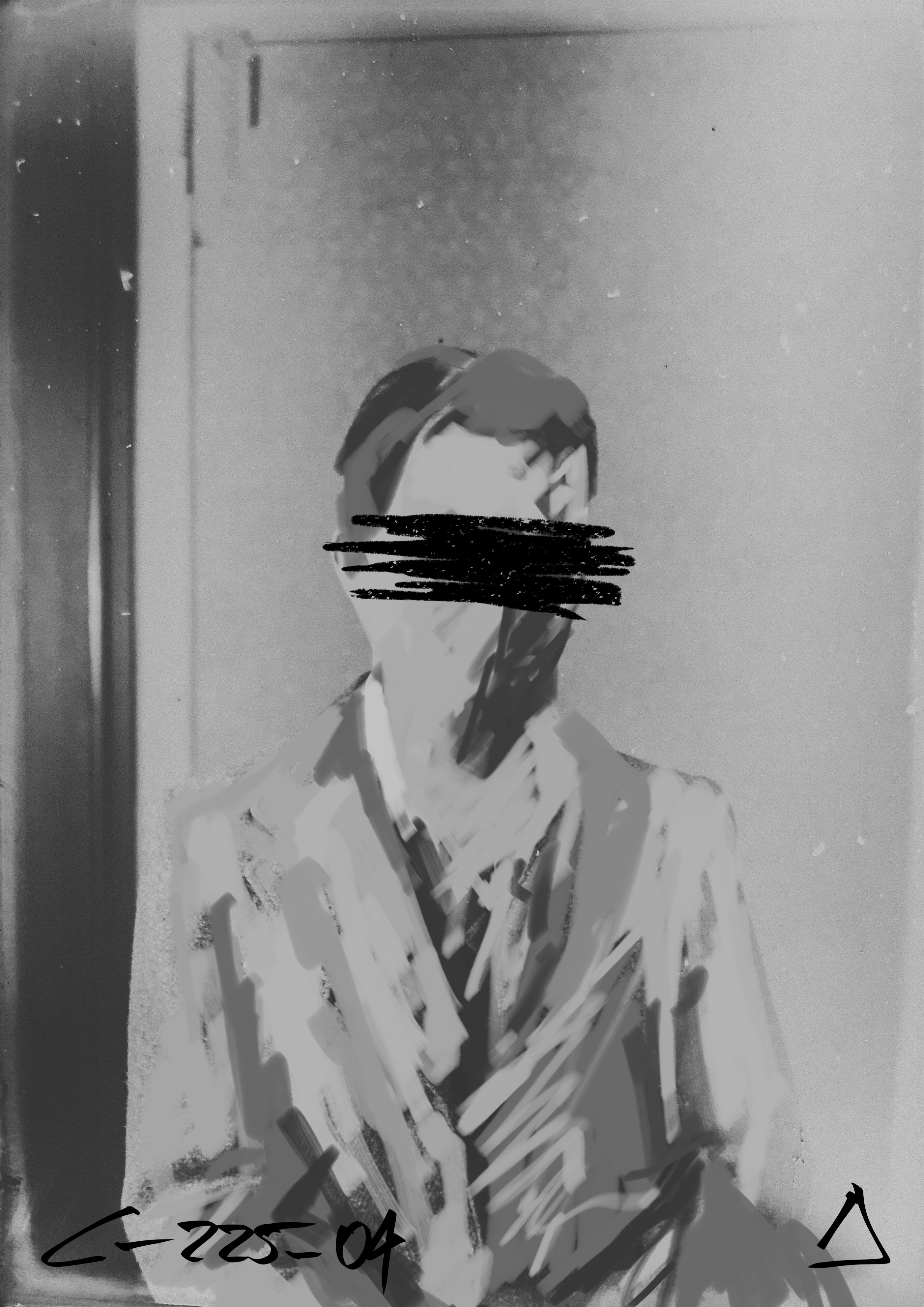 Blurry picture of a man, signed "C-225-04" in the bottom left. The face is drawn over by a black pen and not
                        visible. In the bottom right there is a black triangle drawn on to it.