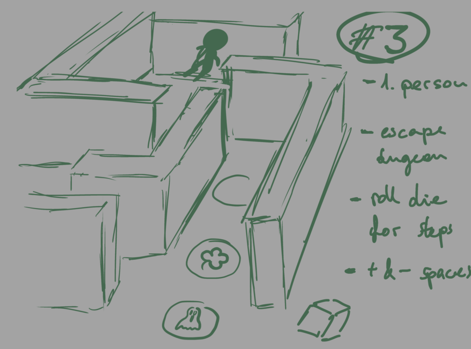 Third idea sketch of a maze with board-game like fileds on the ground.