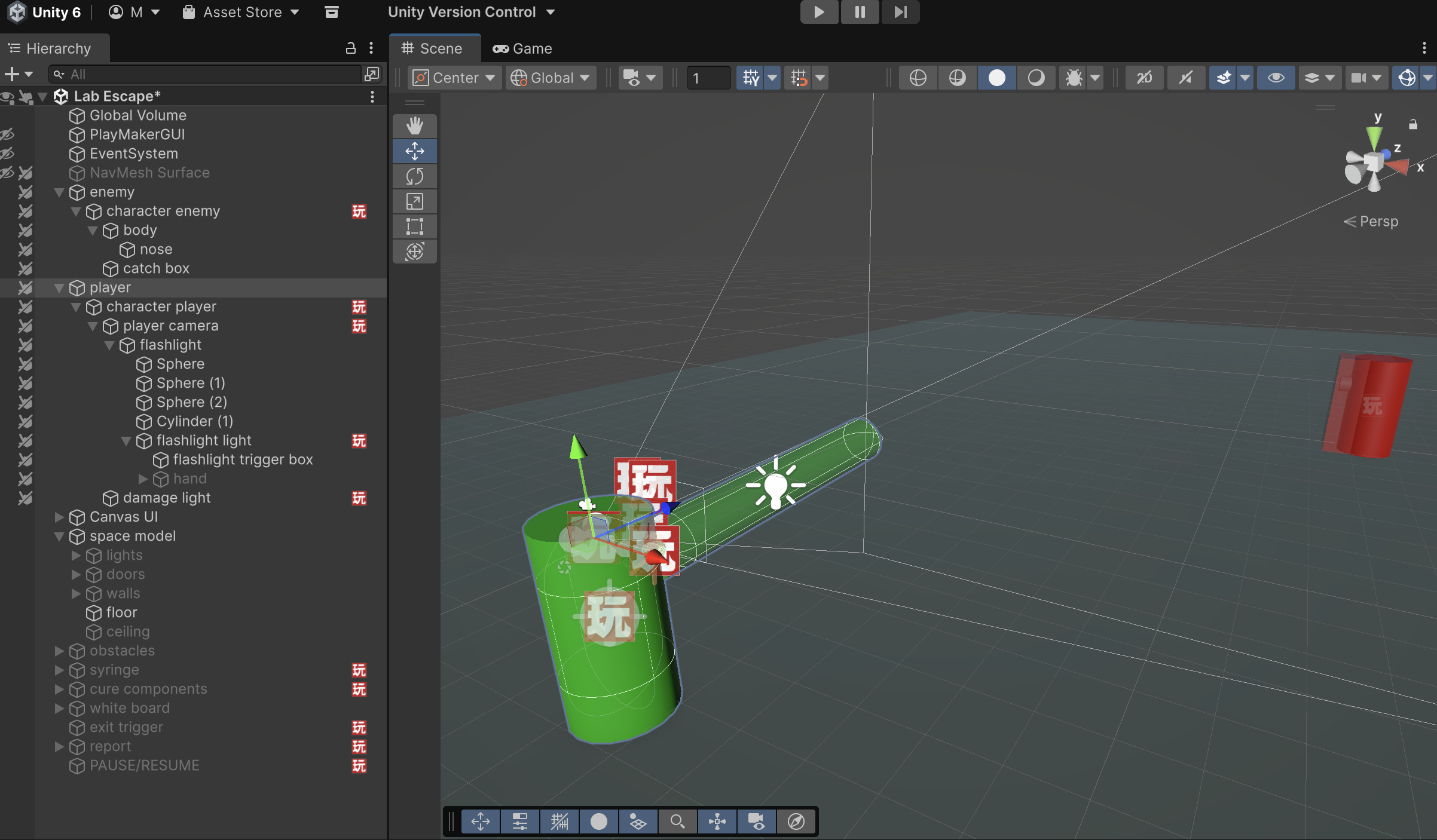 Screenshot showing how the player the player and enemy object with the objects used to trigger
                            the interaction events.(Huge cylinder stuck to player vertically for the light and a block stuck
                            to the front of the enemy object for the catch-action).