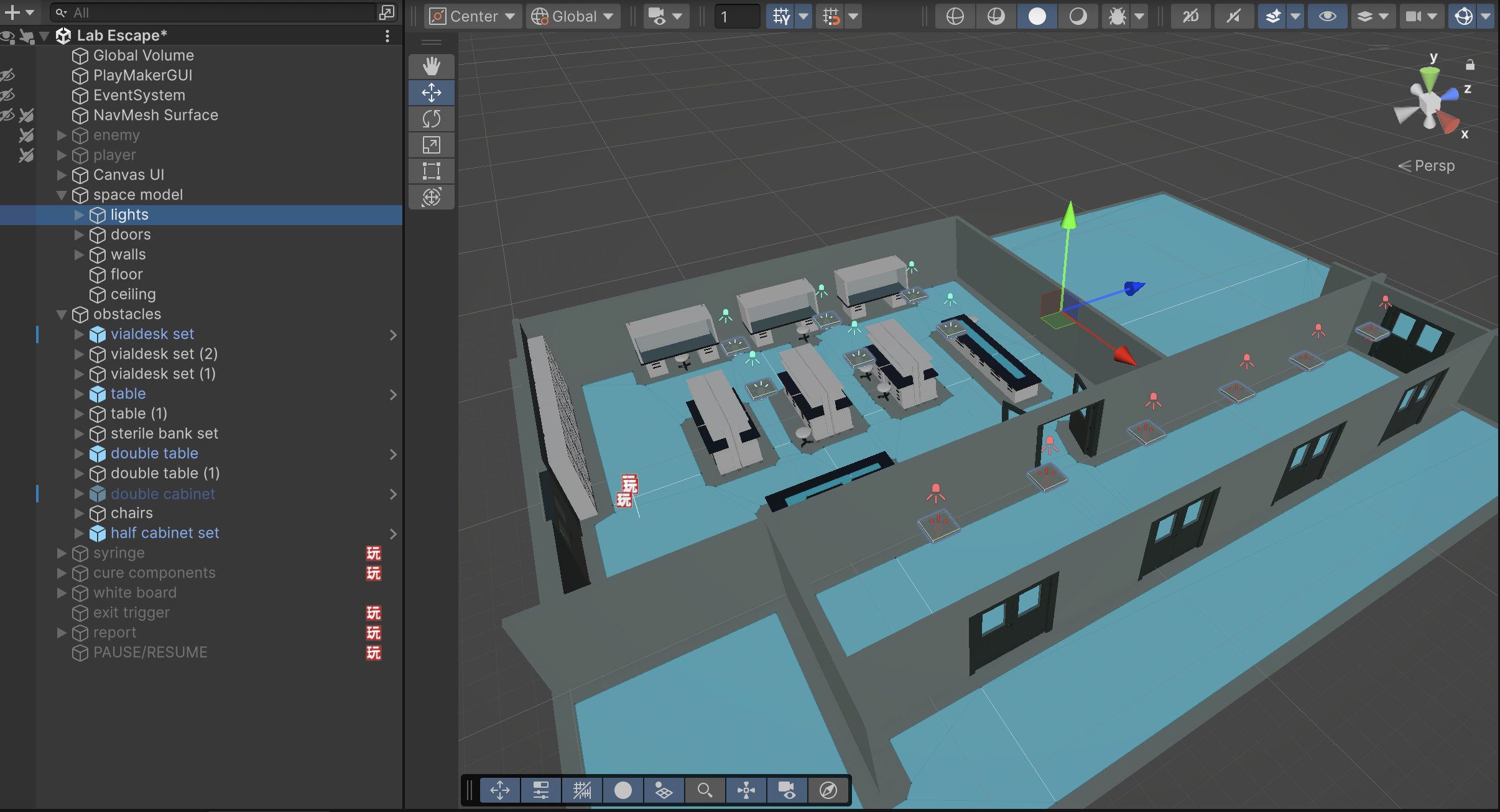 Screenshot showing the layout for the game with all the objects made in Unity.