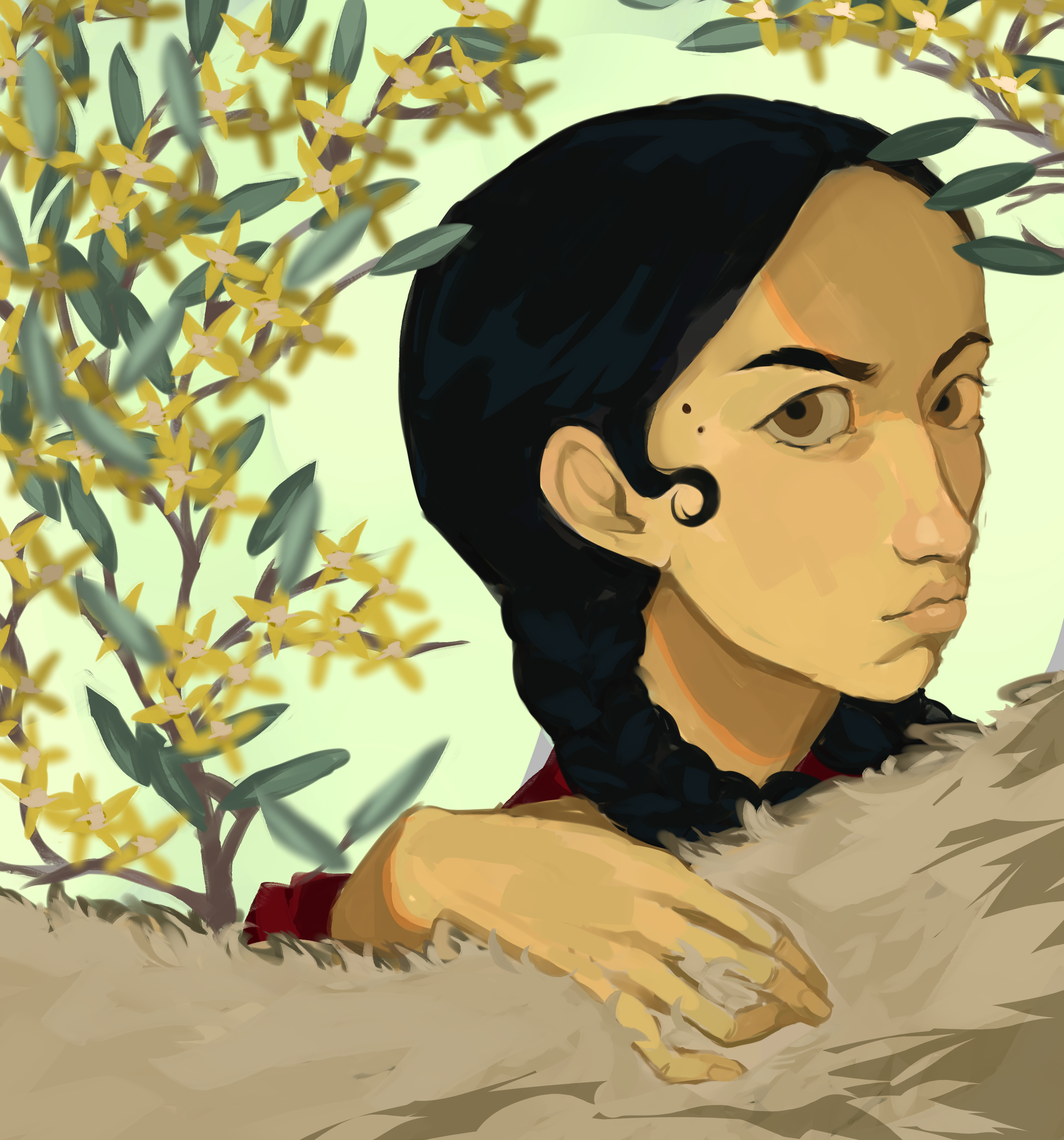 A Drawing of a Turkic Girl Petting a Furry Animal