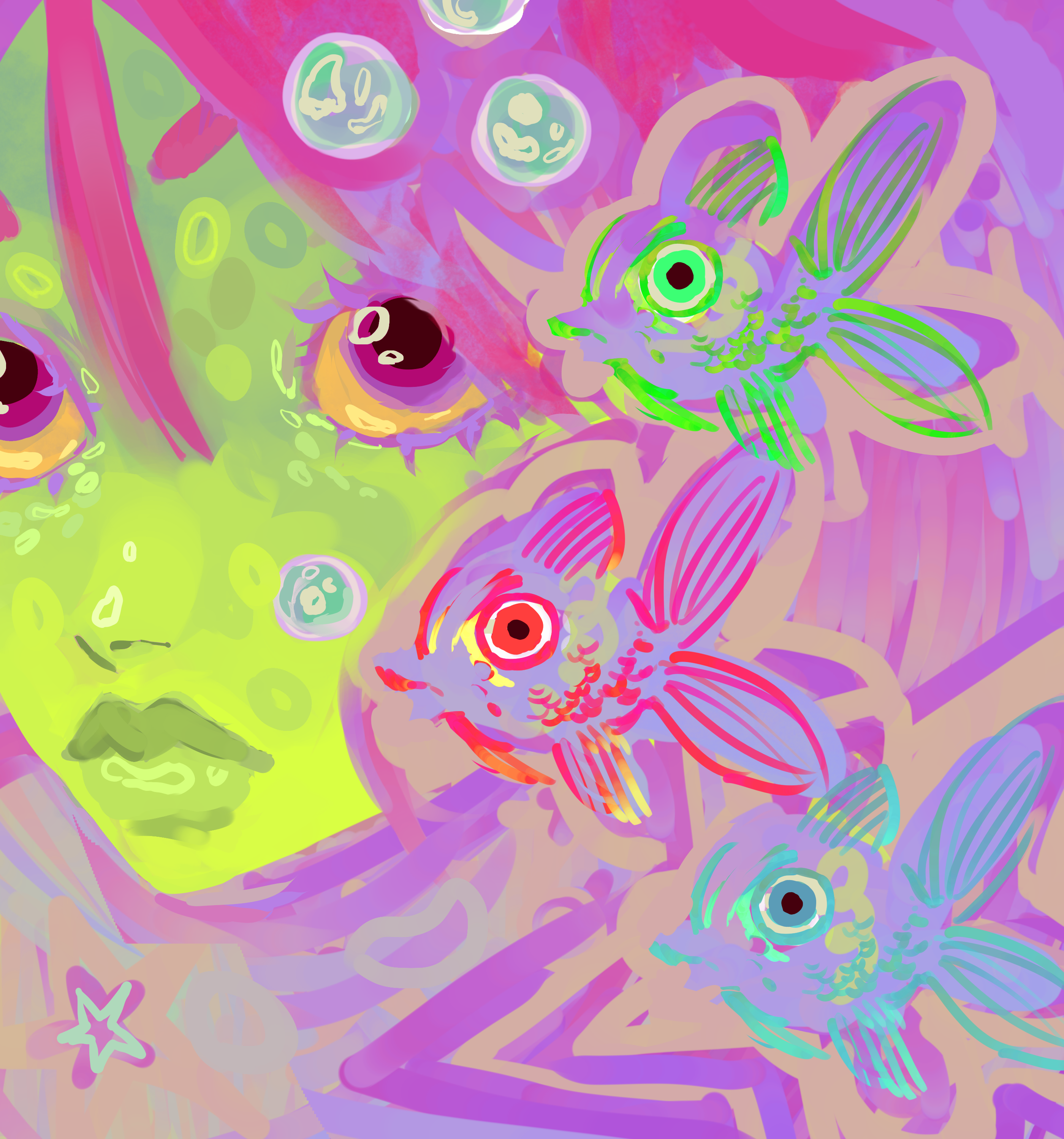 Drawing of a Woman with Fish in an Unusual Color Scheme