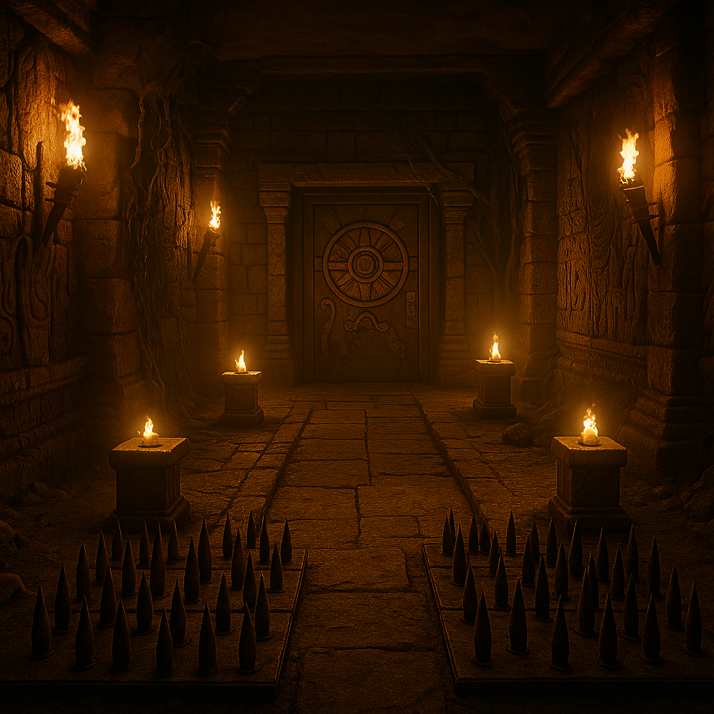 Düsterer Tempelraum mit Stachelfallen