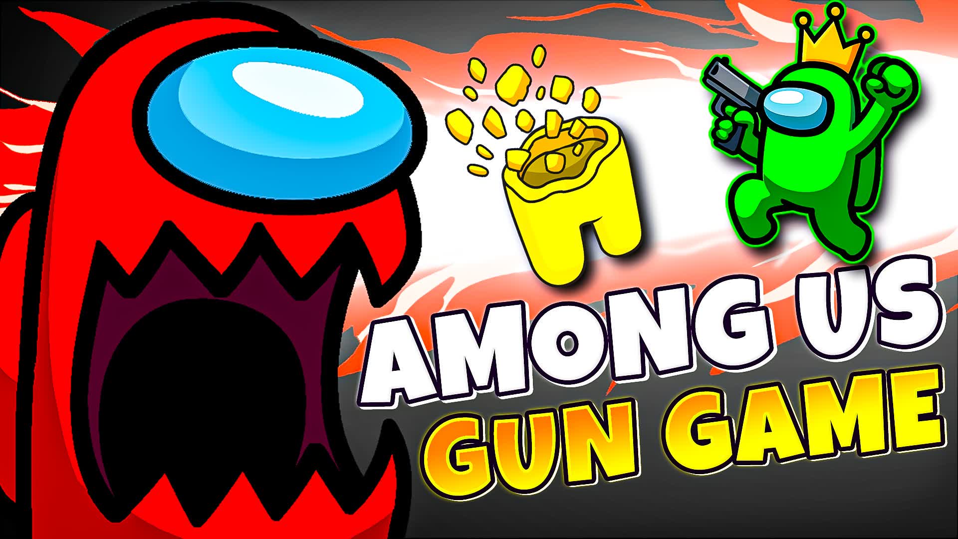 Among Us themed gun game artwork featuring a red monster crewmate, a green crewmate with a crown, and glowing coins.