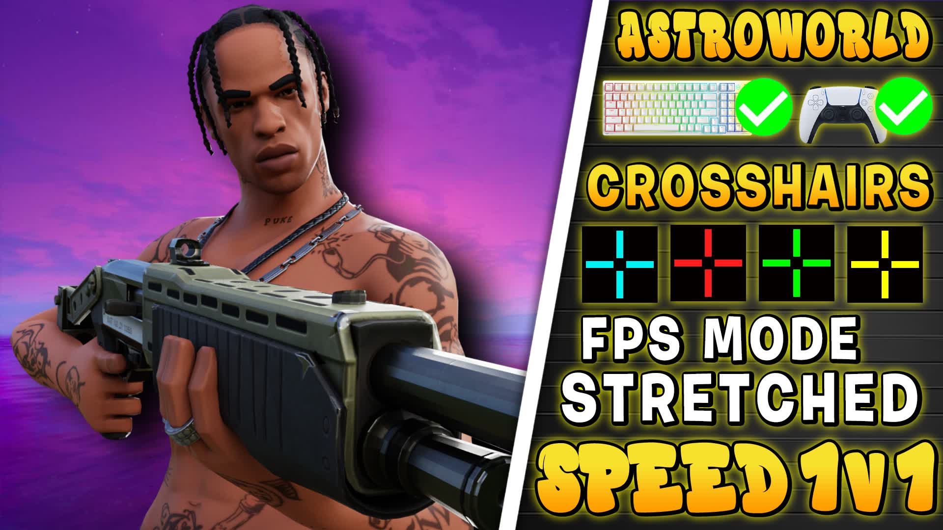 Fortnite character holding a shotgun with crosshair customization icons and 'Speed 1v1' text on the side.