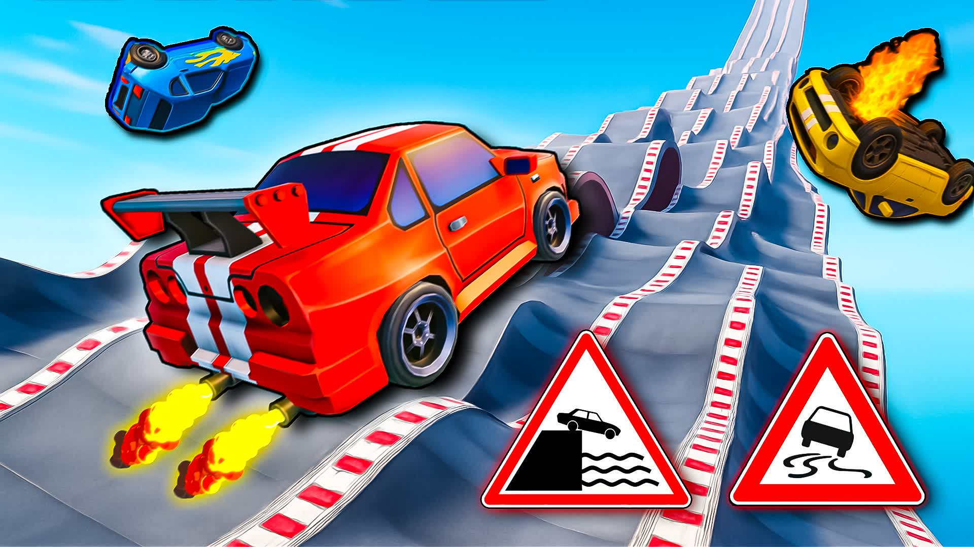 Stylized racing cars driving down a dangerous wavy track with warning signs and explosions.