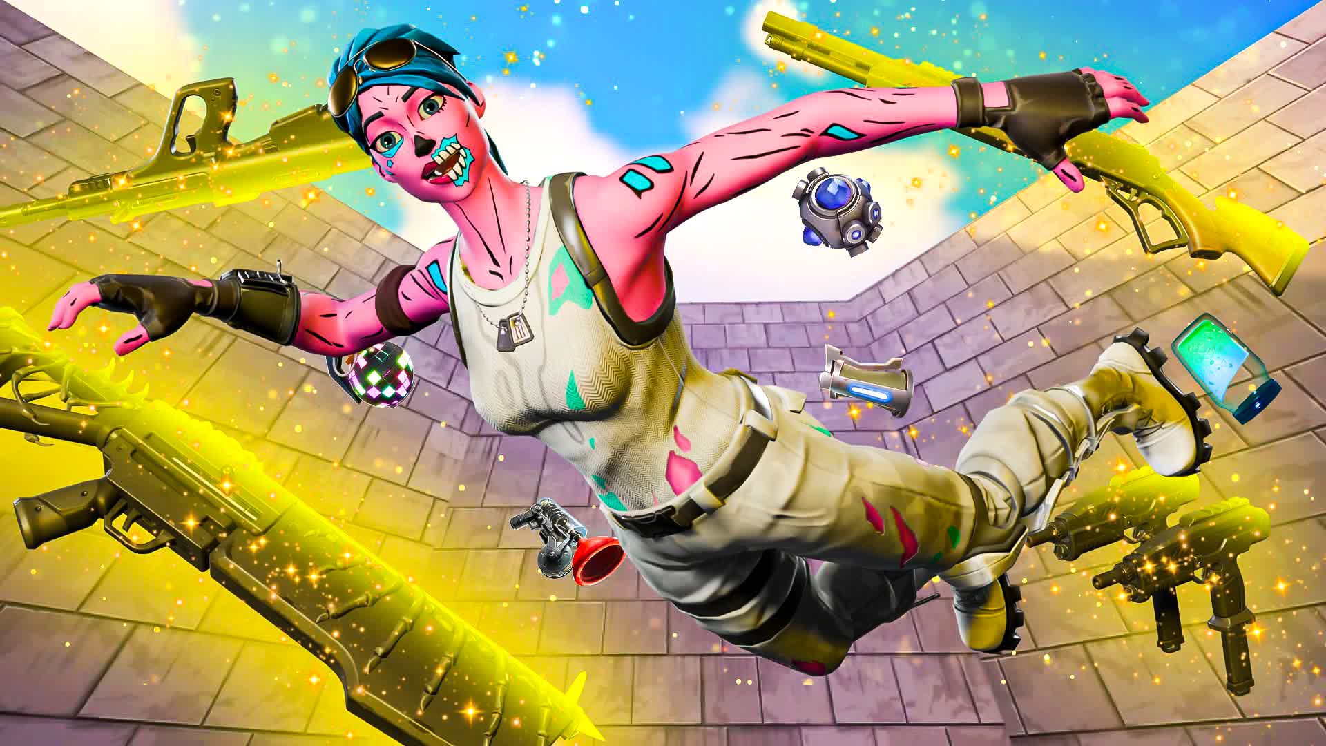 Fortnite character falling through a bright arena surrounded by glowing weapons and power-ups.