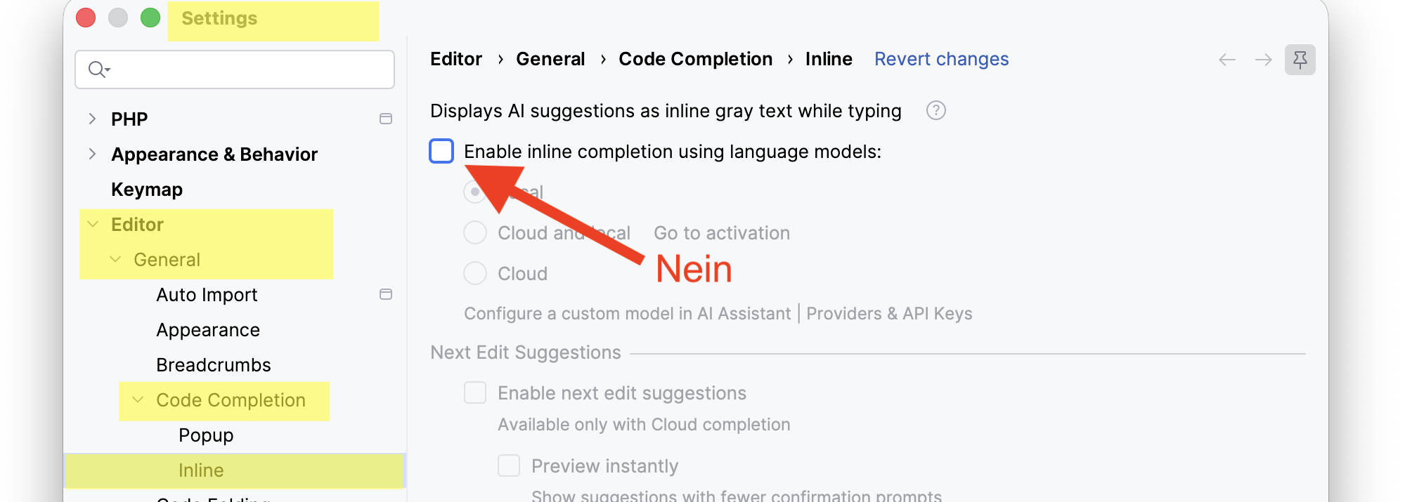 PHPStorm - settings - Editor - General - Code Completion - Inline - NEIN bei enable inline completion